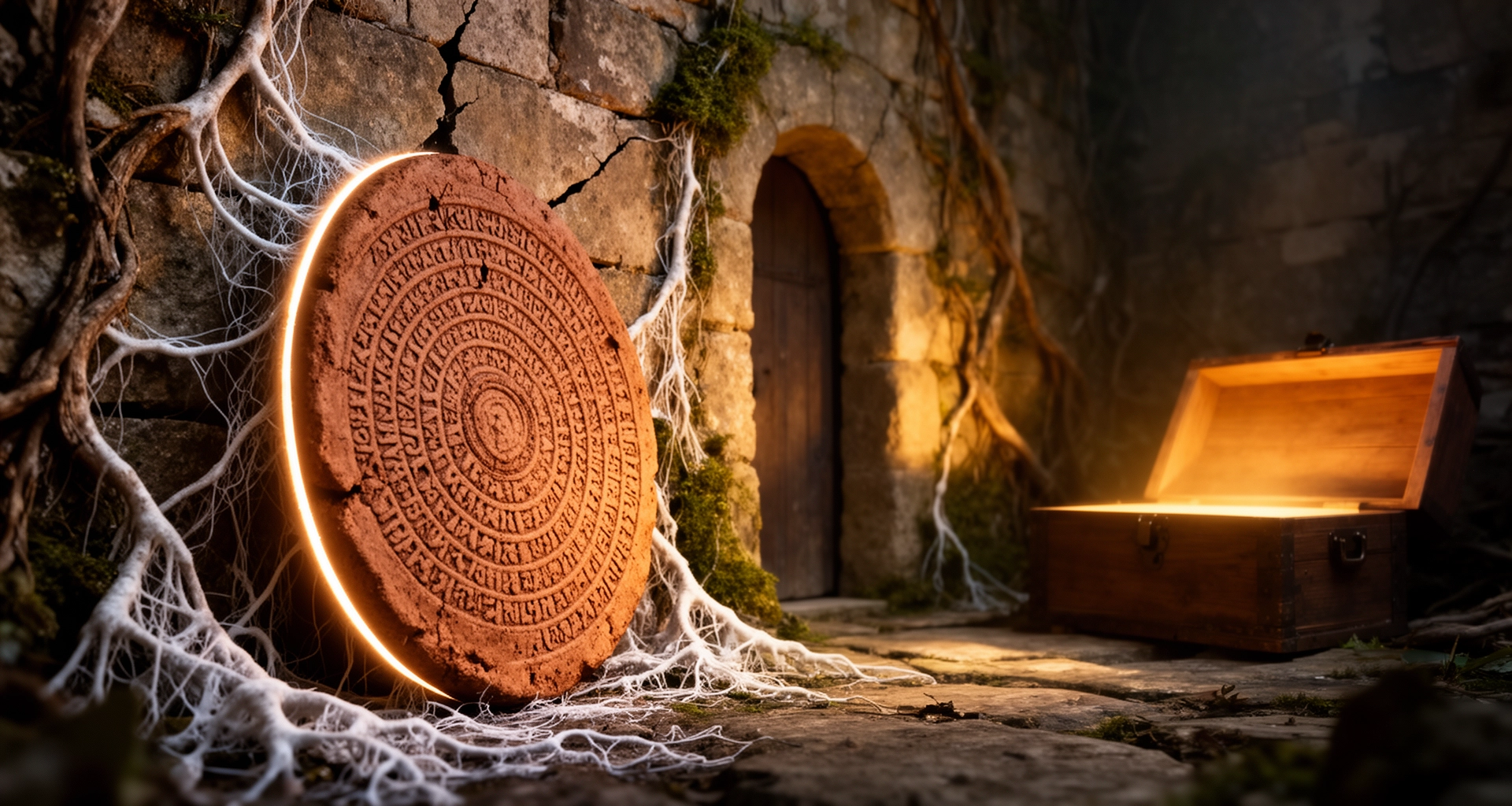 Disque de Phaistos vu de tranche, mycélium sur pierre ancienne, poterne dans l'obscur, boîte dont s'échappe la lumière