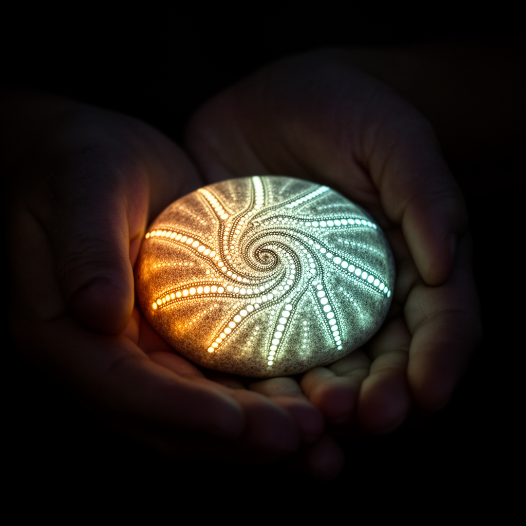 Le Galet morphogénétique — spirale bioluminescente ambre et bleu-vert dans deux mains en coupe