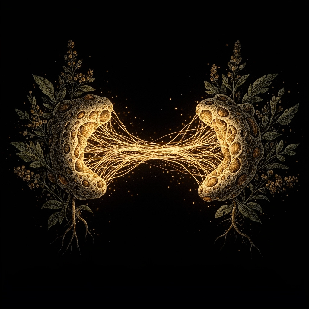 Organic Connection — filaments dorés entre deux formes végétales