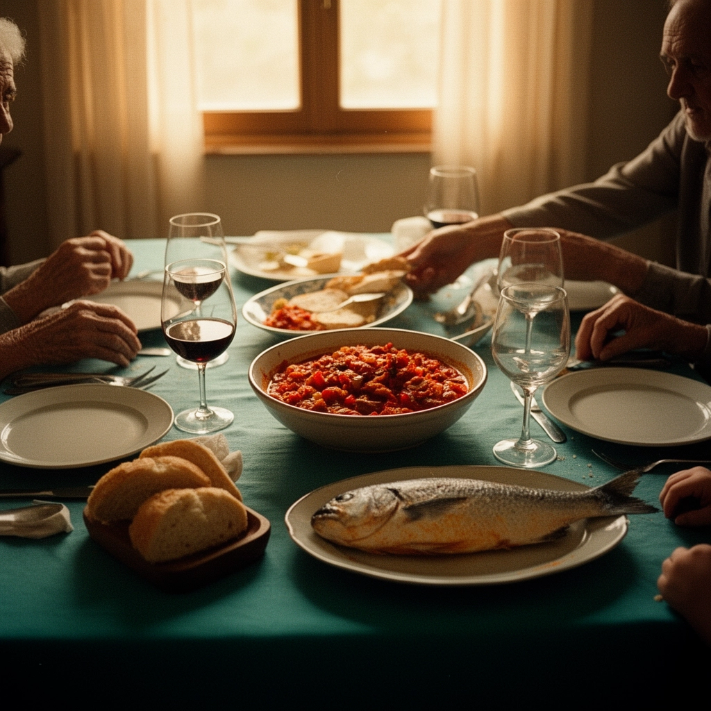 Repas du dimanche — trois générations autour d'une pipérade et d'un poisson