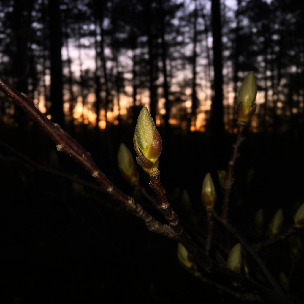 Bourgeons fermés à l'aube — forêt de pins, lumière naissante
