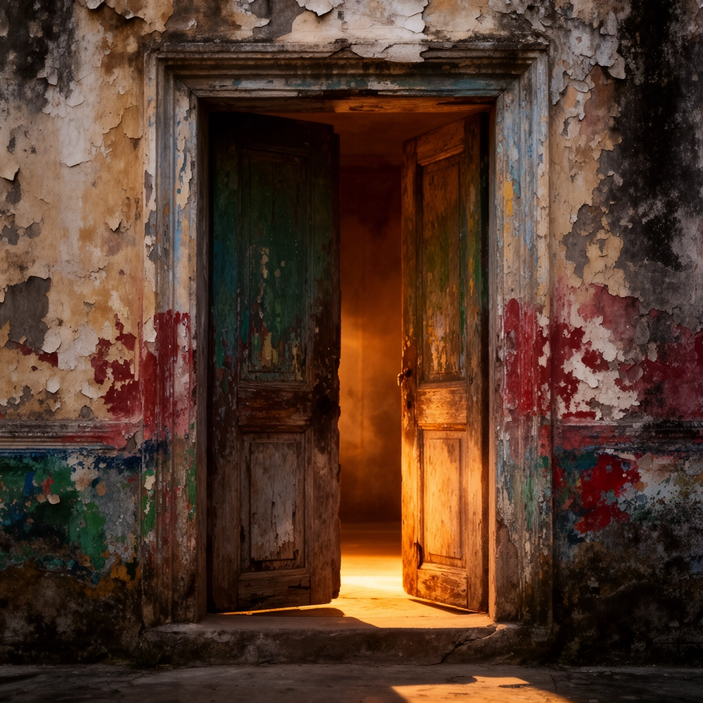 Porte ancienne entrouverte — strates de peinture écaillée, lumière intérieure
