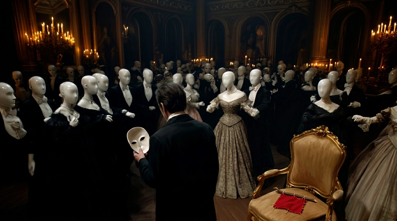 Un bal masqué — figures en cire, rideau qui tombe, un petit drapeau rouge posé sur une chaise
