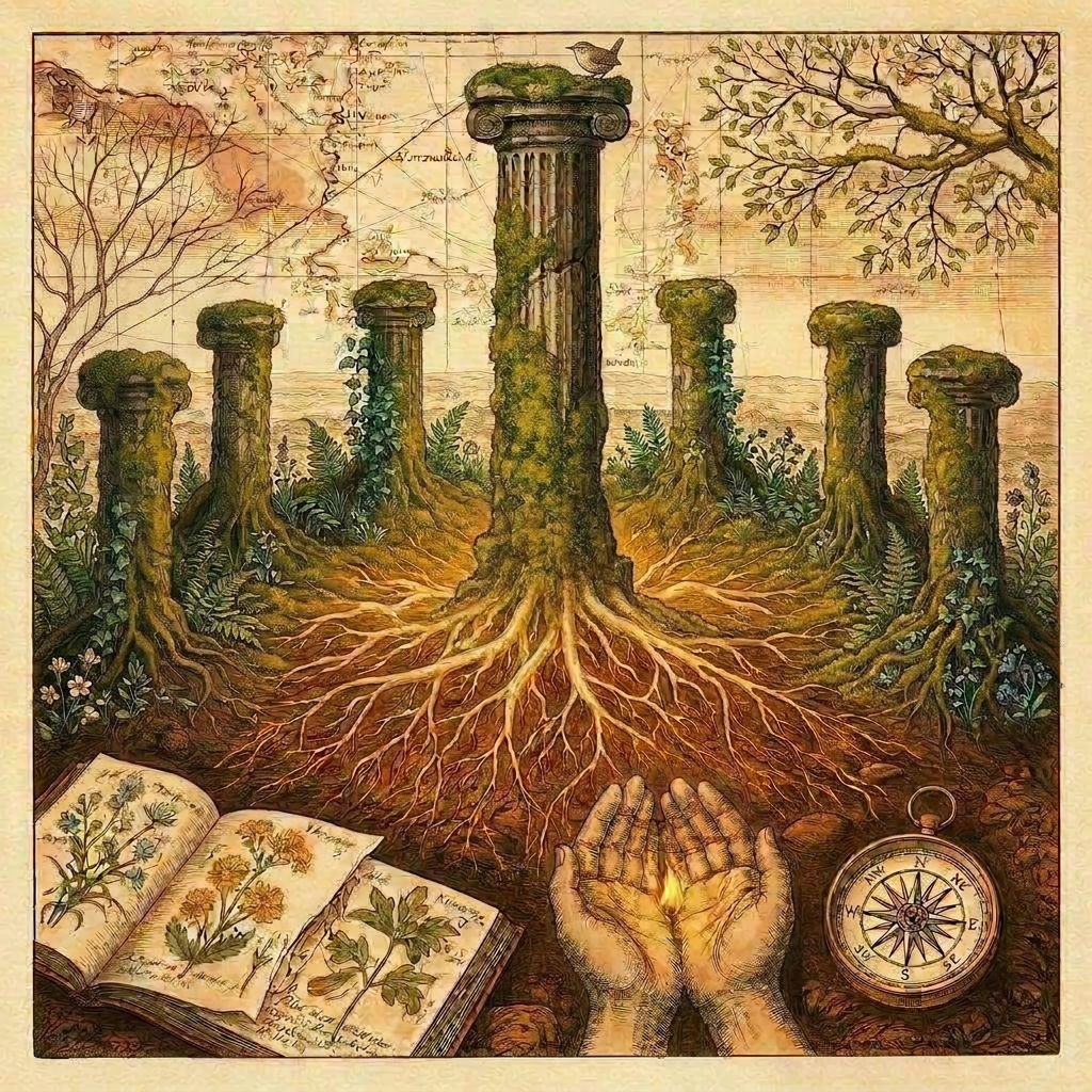 Les sept colonnes de l'Organikologie — illustration symbolique : colonnes de pierre envahies de mousse, racines mycéliennes lumineuses, herbier, boussole sans nord fixe, mains tenant une flamme, et un roitelet perché