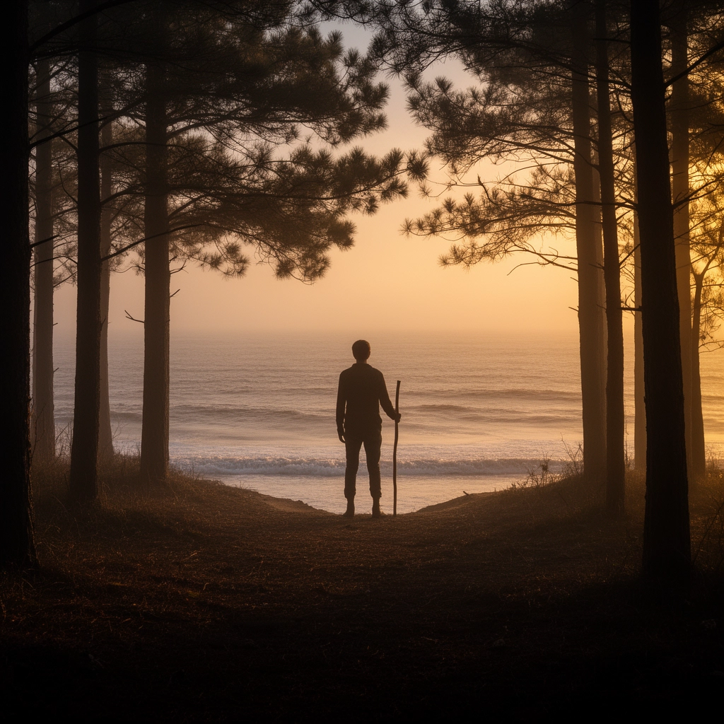 Le passeur au seuil — silhouette entre forêt et océan à l'aube