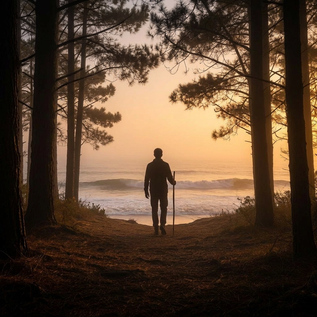 Le passeur — silhouette avancée vers l'océan à l'aube brumeuse