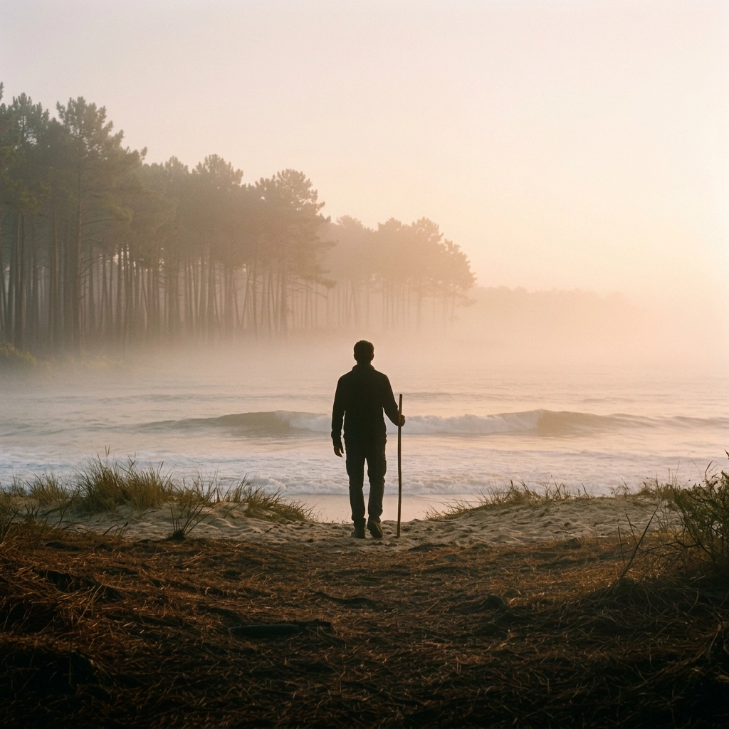 Le passeur — sorti de la forêt, au bord de l'océan dans la brume matinale