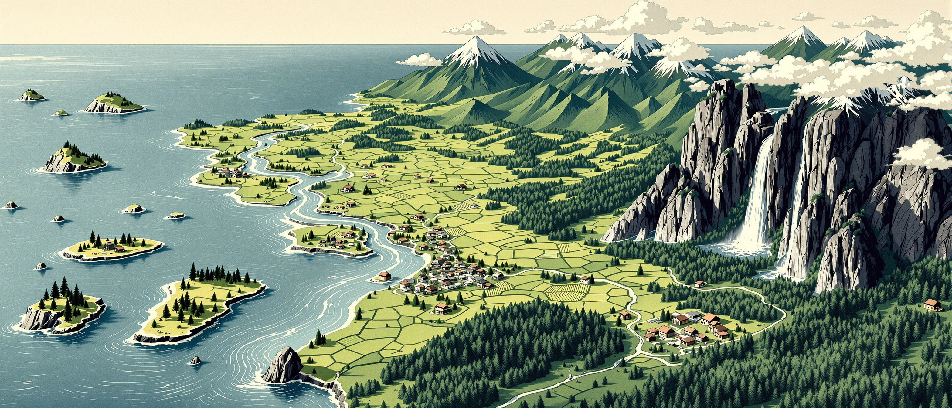 Carte panoramique ukiyo-e — archipel, plaines, montagnes