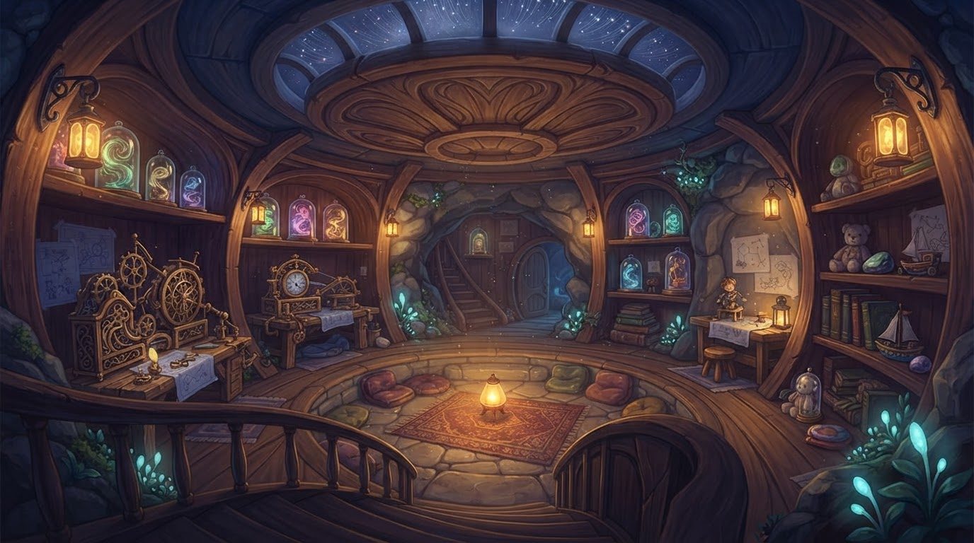 Une pièce plus sombre, sous la première : des machines à rouages, des cloches de verre où dorment des serpents de lumière, un ours en peluche, un bateau, un escalier.