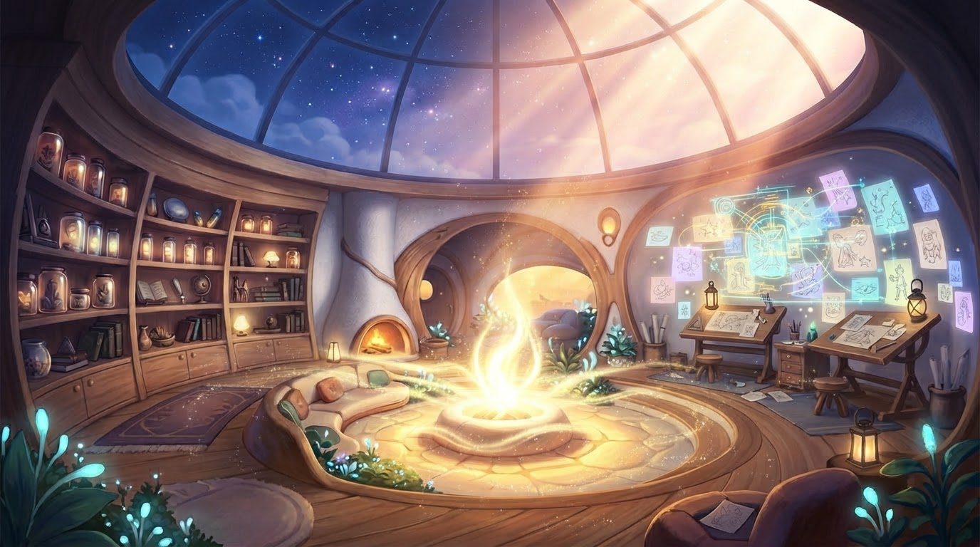La même pièce, mais le feu est devenu une colonne de lumière blanche ; le jour perce dans un coin du dôme et un schéma lumineux relie les dessins du mur.