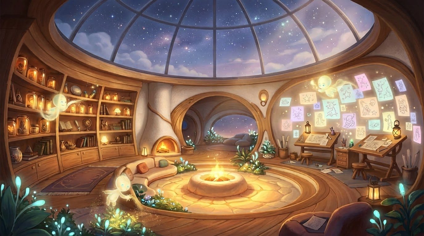 La pièce centrale, où flottent trois petits esprits blancs et souriants : l'un près des bocaux, l'autre près du mur de dessins, le troisième au-dessus des plantes lumineuses.