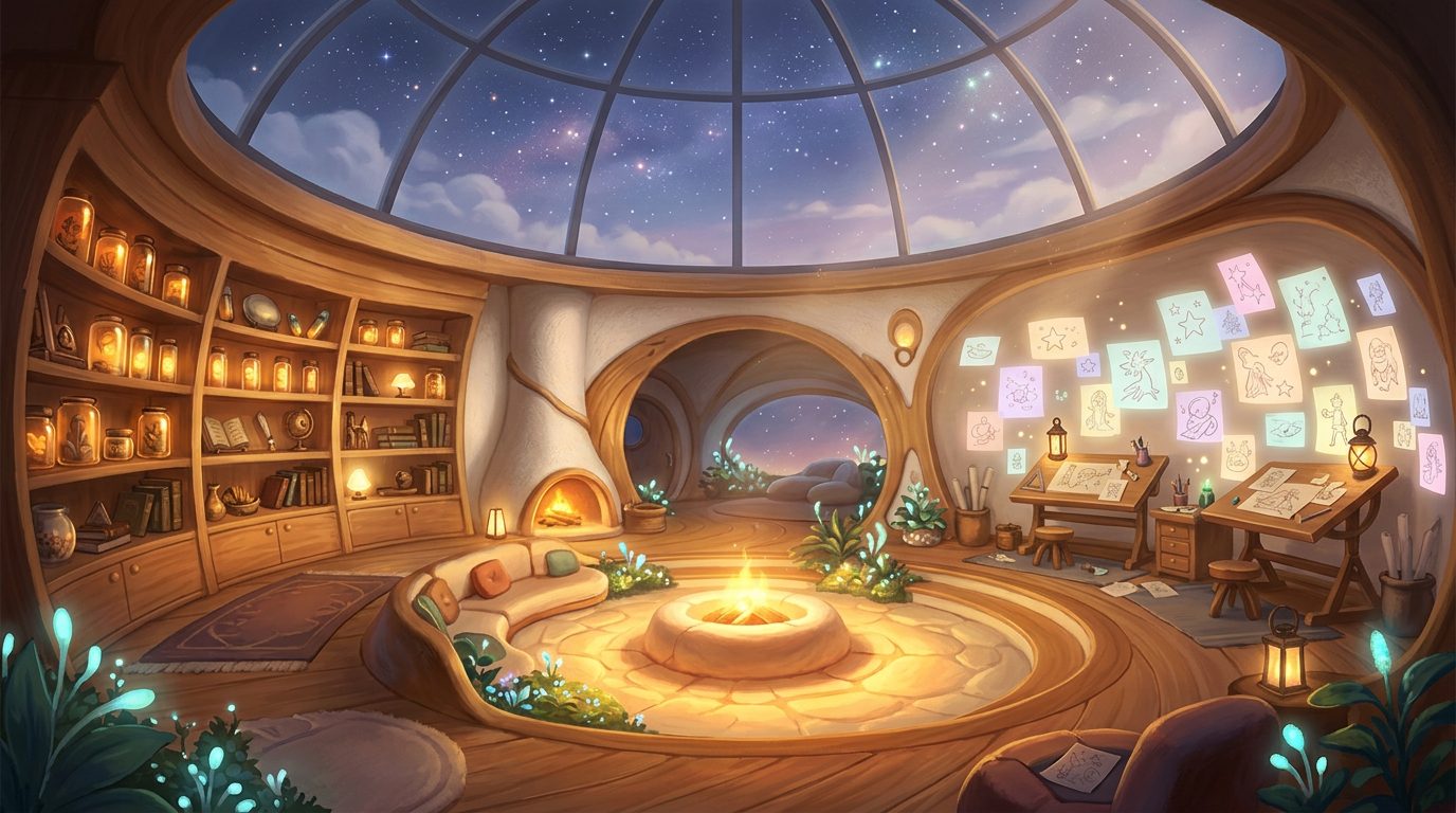 Une pièce ronde sous un dôme vitré ouvert sur la nuit étoilée : un foyer au centre, une bibliothèque de bocaux lumineux à gauche, un mur de dessins épinglés à droite.