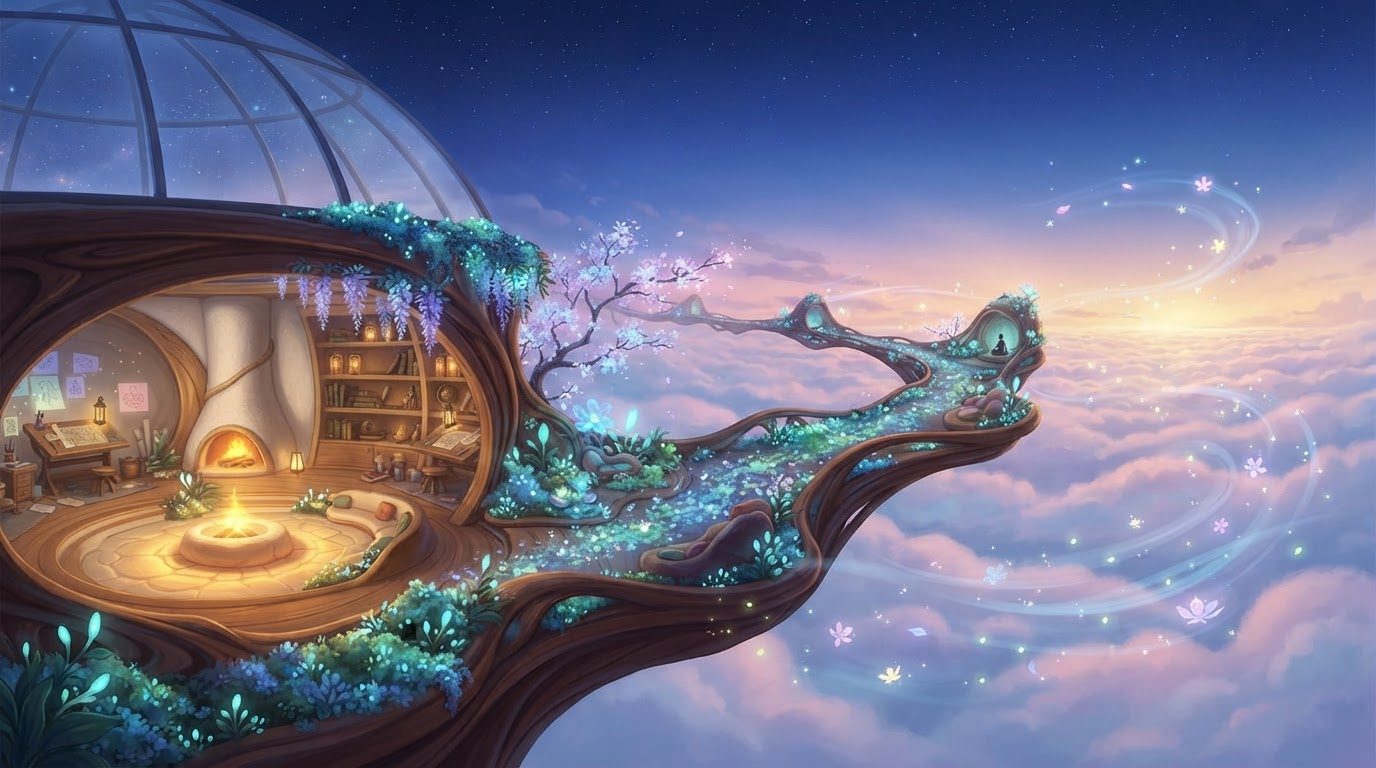 La maison vue de l'extérieur, posée sur un arbre ; une racine fleurie s'en échappe au-dessus des nuages jusqu'à un promontoire où une minuscule silhouette est assise face à l'aube.