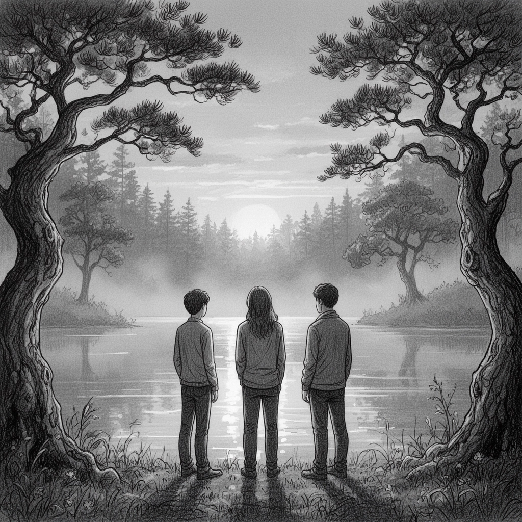 Trois silhouettes au bord du lac dans la brume de l'aube