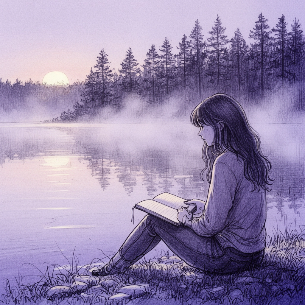 Syléa seule au bord du lac à l'aube avec le carnet