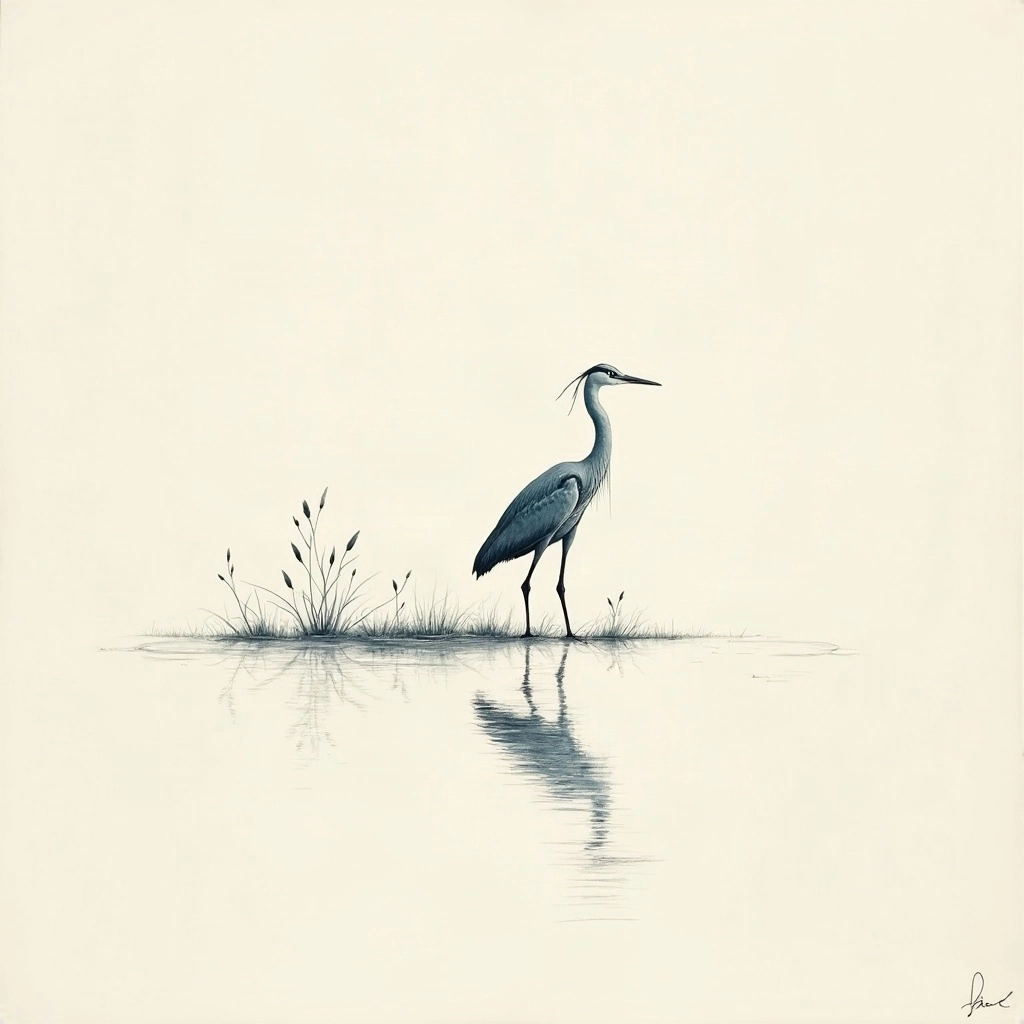 Un héron bleuté se tient seul au bord d’une eau calme, son reflet dessiné sous lui, dans un vaste espace clair et silencieux.