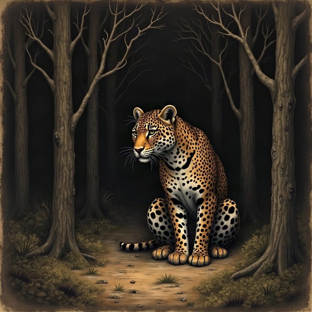 Un jaguar au calme émerge doucement de l’ombre de la forêt, présence digne et paisible plutôt que menaçante.