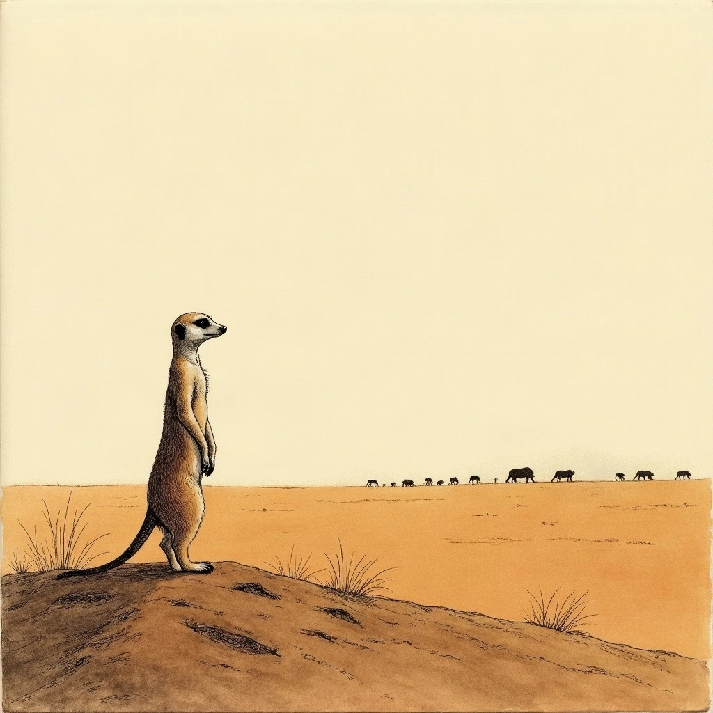 Une sentinelle suricate se dresse, tournée vers l’horizon, son clan suggéré en arrière-plan dans la lumière chaude de la plaine.