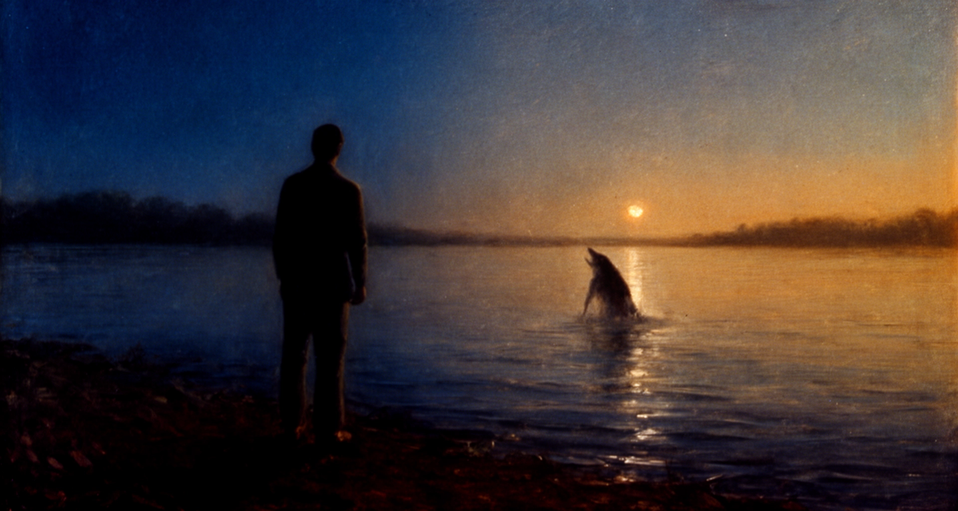Une silhouette sur la rive à l'aube, face à un dauphin qui émerge des eaux